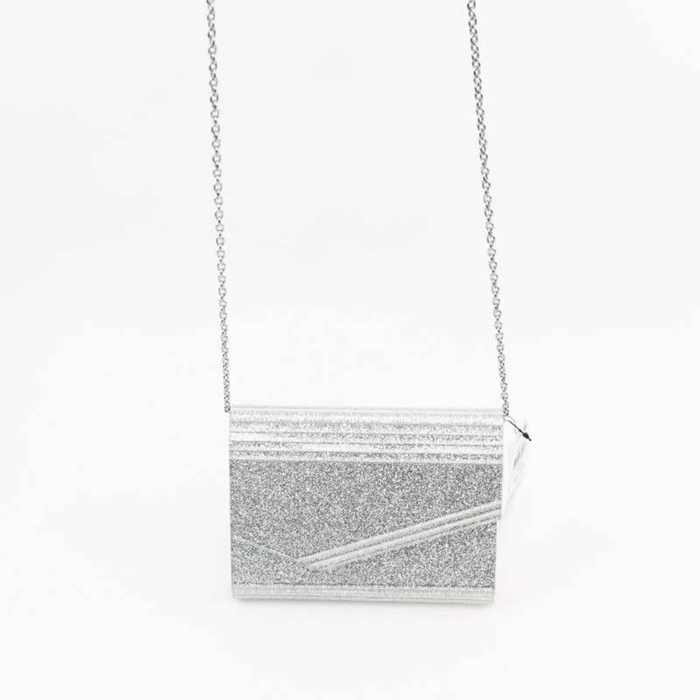 INC International Concepts Womens Maria Envelope Glitter Clutch Silver OS New